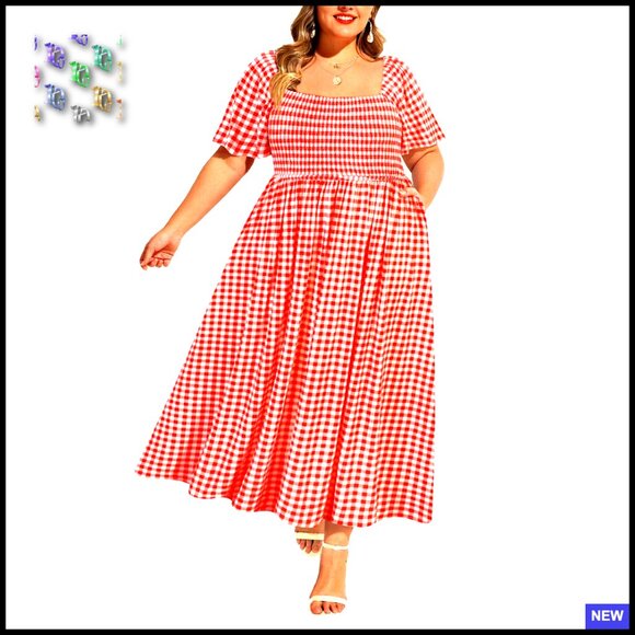 Dresses & Skirts - Square Neck Short Sleeve Smocked Maxi Dress Floral A-Line Plus Size Pocket